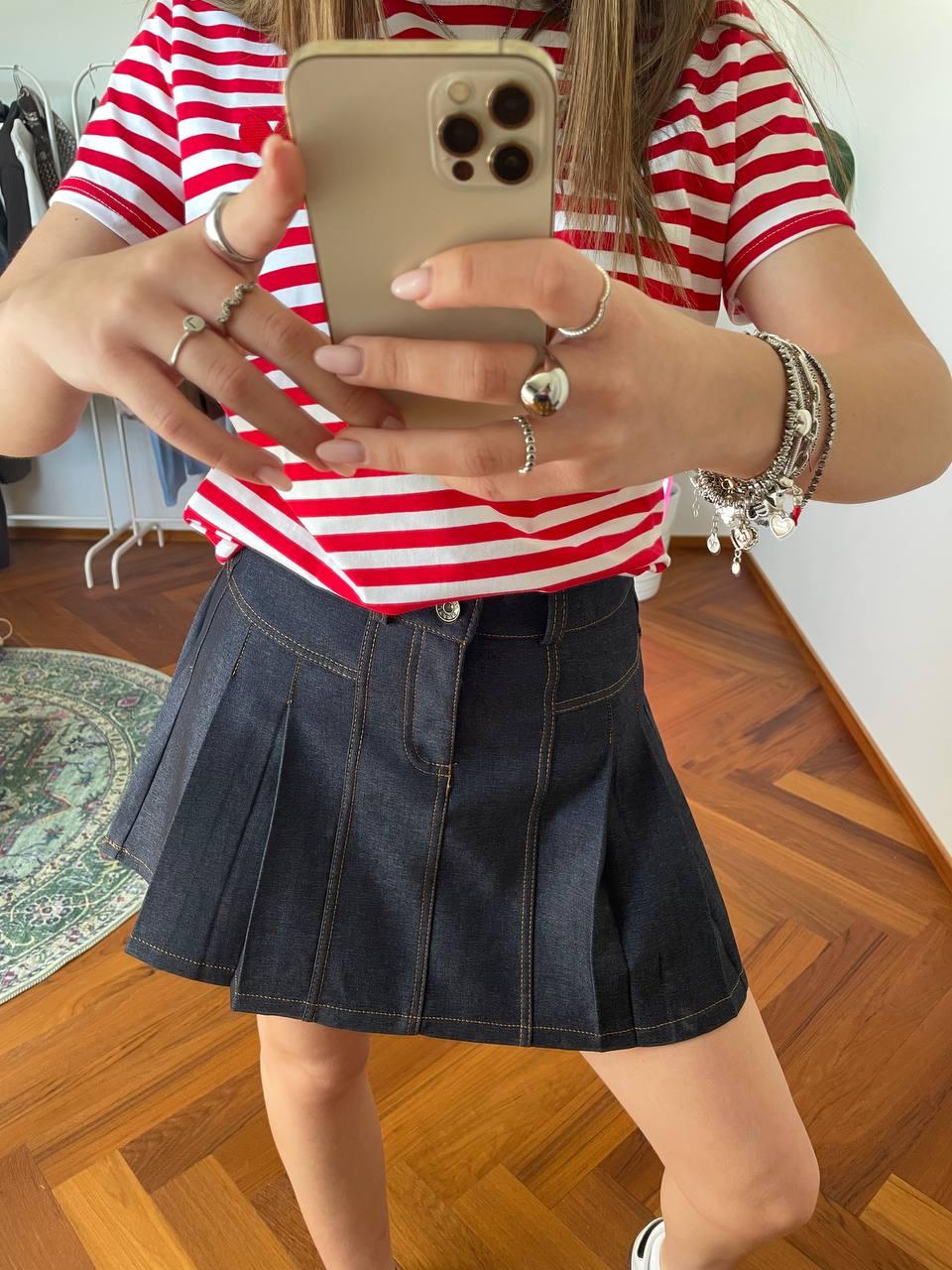 PLEATED DENIM MINI